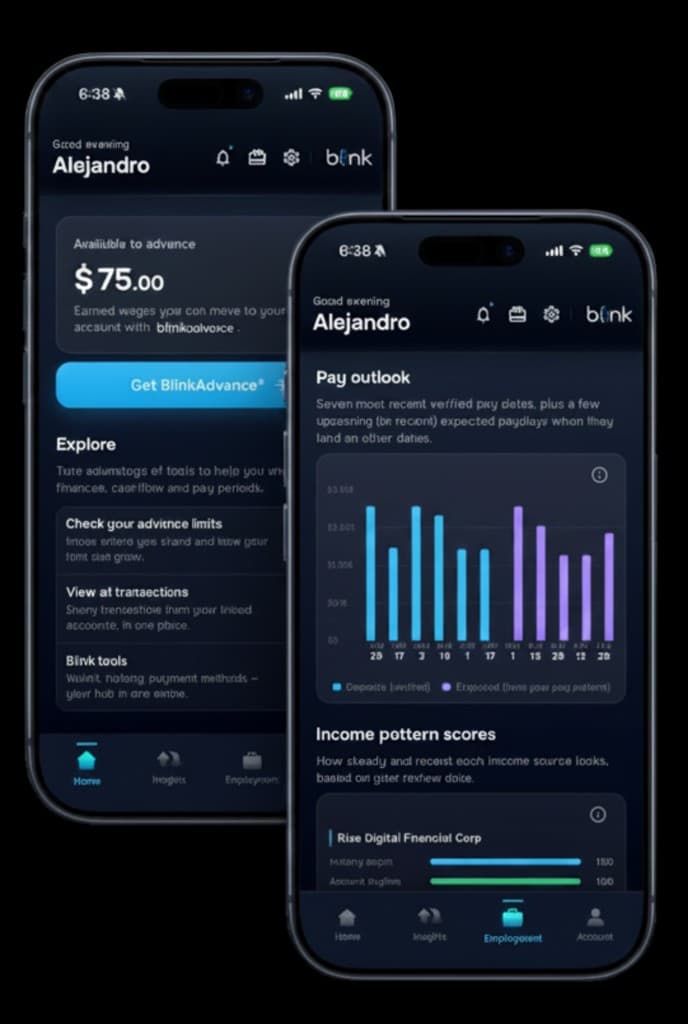 Blink app on iPhone showing advance and pay outlook screens