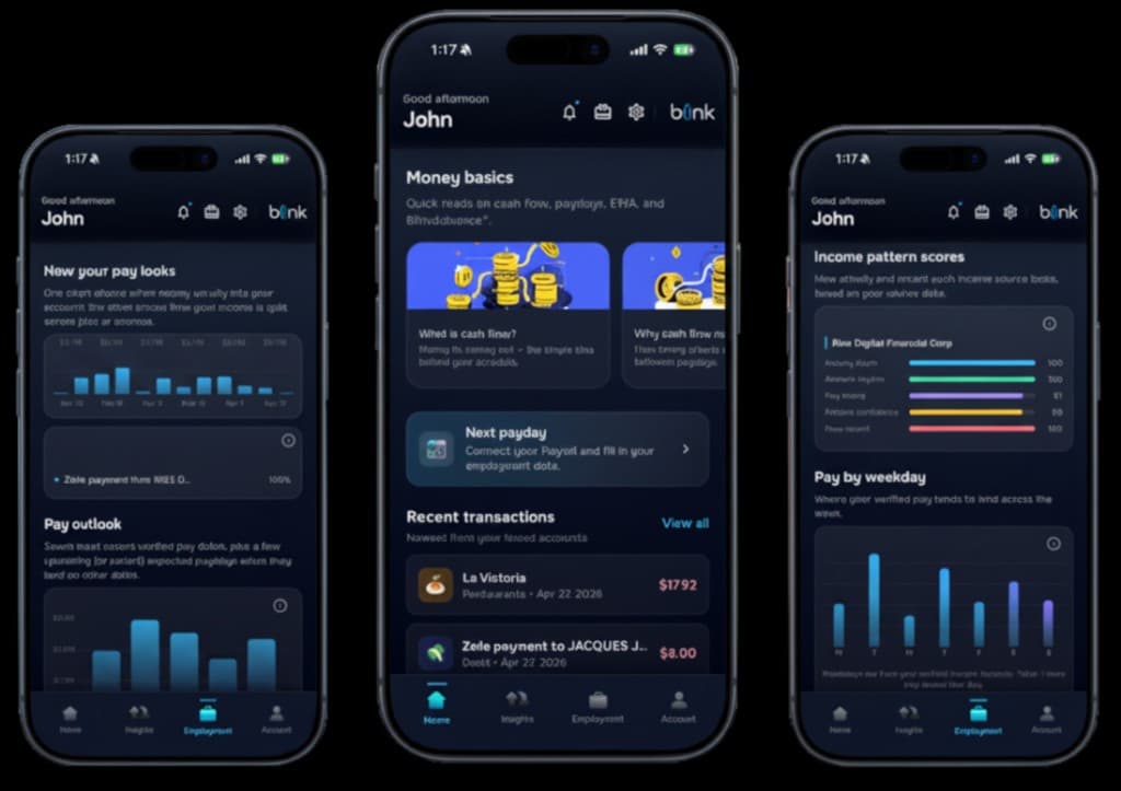Blink app on iPhone showing pay overview, home, and income insights