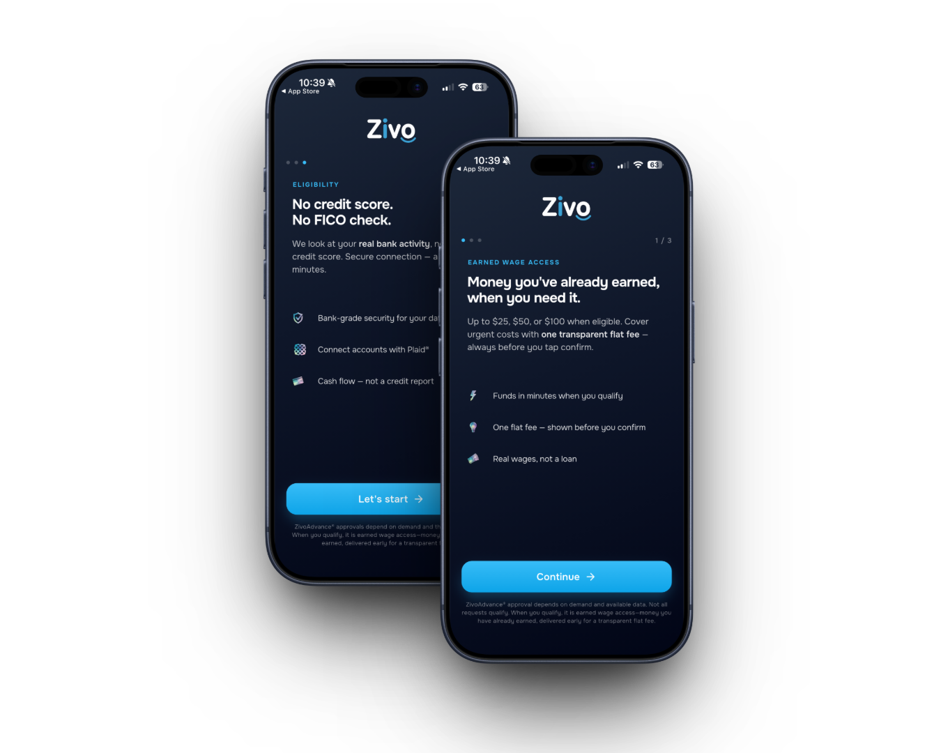 Zivo app on iPhone — earned wage access onboarding screens